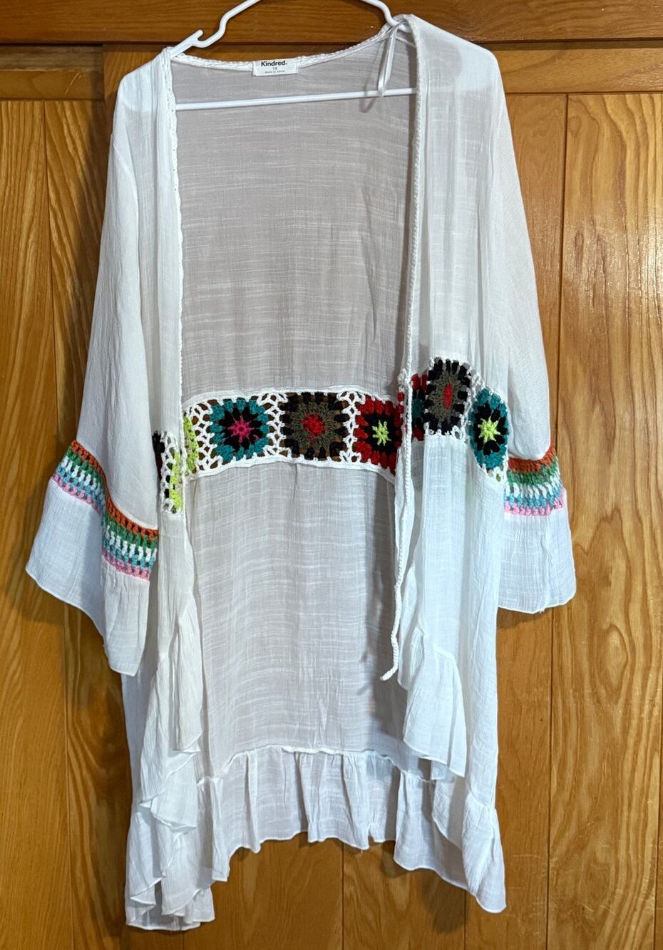 Kindred Boho Crochet Trim Bell Sleeve Kimono Cardigan 1X